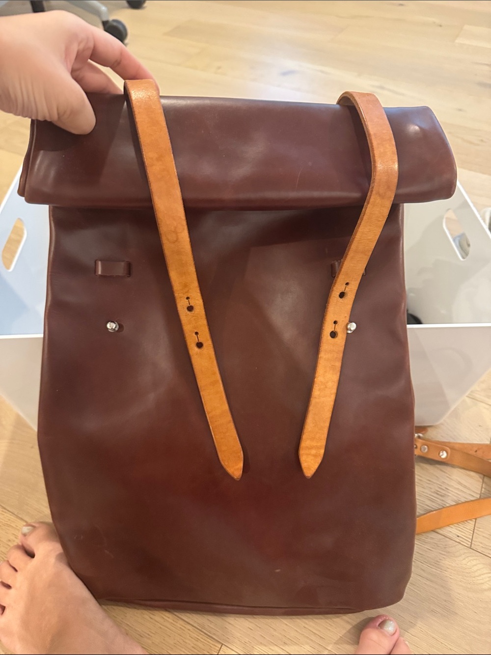 Handmade Leather Roll-Top Backpack with Tan Straps